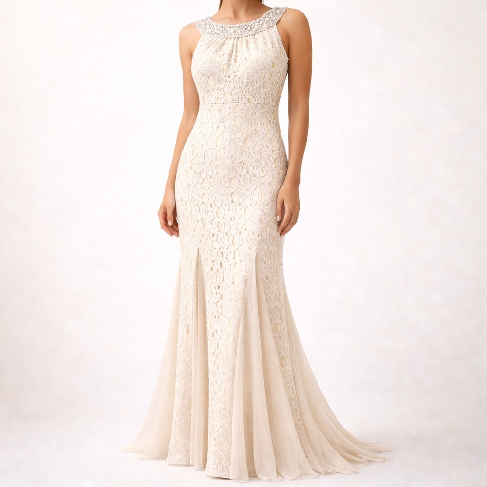 Vintage Pearl Beaded Lace Mermaid Gown Bridal Prom Nude Cream R&M Richards Sz M